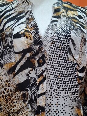 Thalia Sodi Black White and Gold Animal Print Blouse